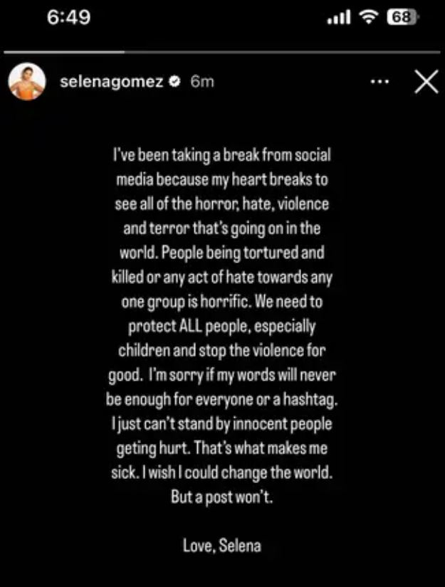 Η Selena Gomez θα κάνει ένα διάλειμμα από τα social media λόγω της βίας που υπάρχει στον κόσμο