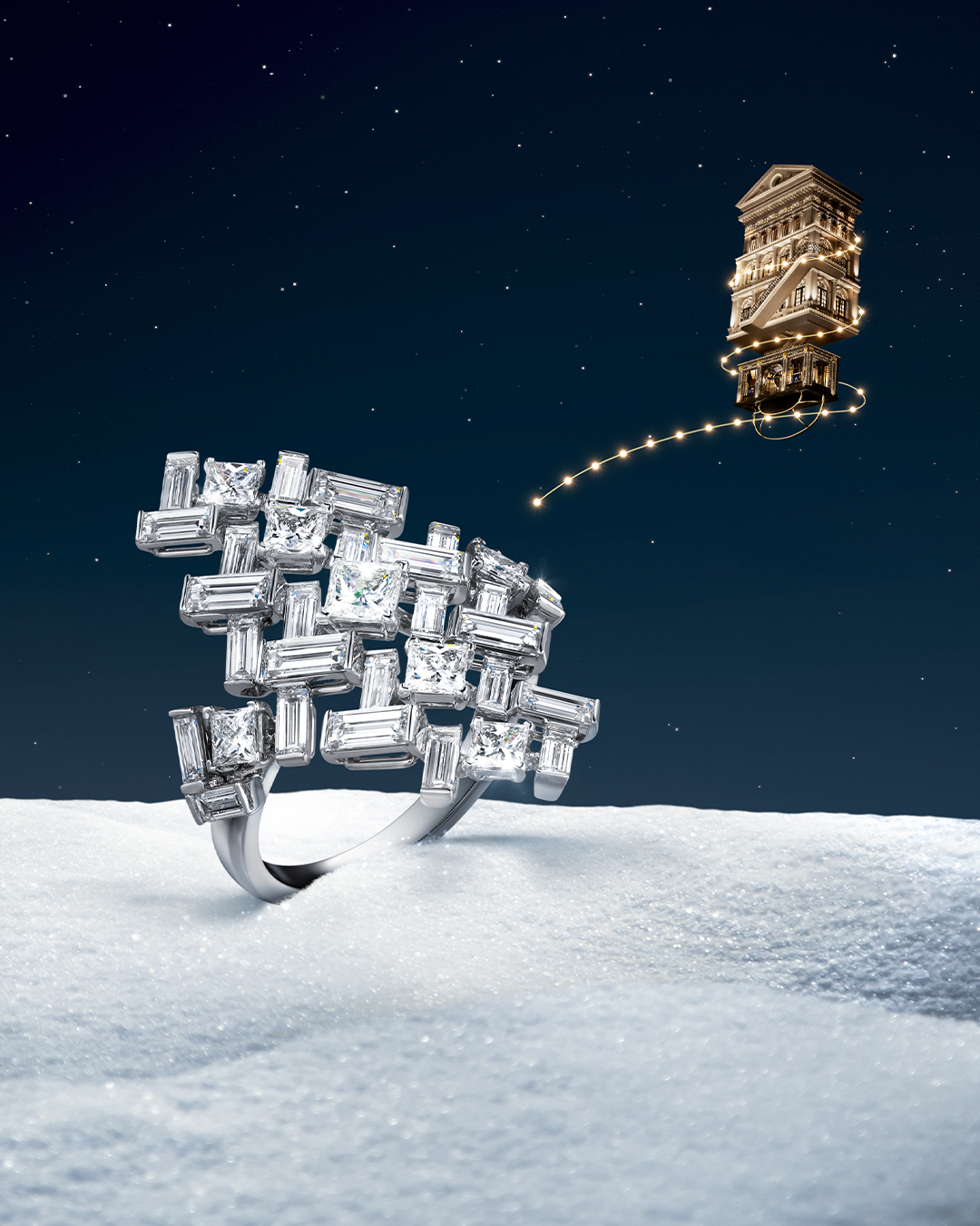 Ο Cartier γιορτάζει τα Χριστούγεννα με μια καμπάνια γεμάτη από αιωρούμενες μπουτίκ