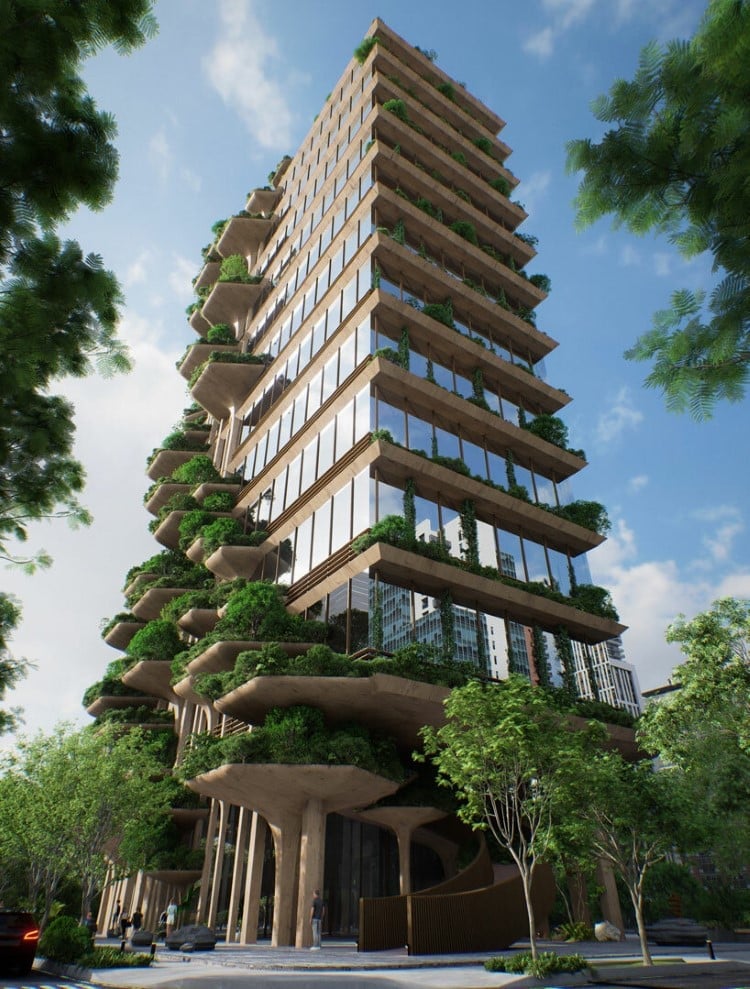 Ένα κτήριο στη Βραζιλία με πράσινες βεράντες είναι εμπνευσμένο από το οικοσύστημα των μανιταριών